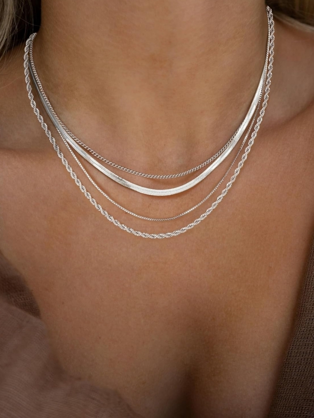 Silver Layered Necklace Set - Silver Multi-Strand